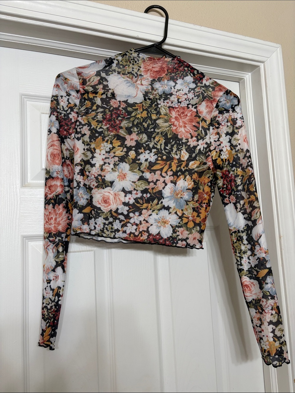 Floral Mesh Long-Sleeve Crop Top - Black Multi